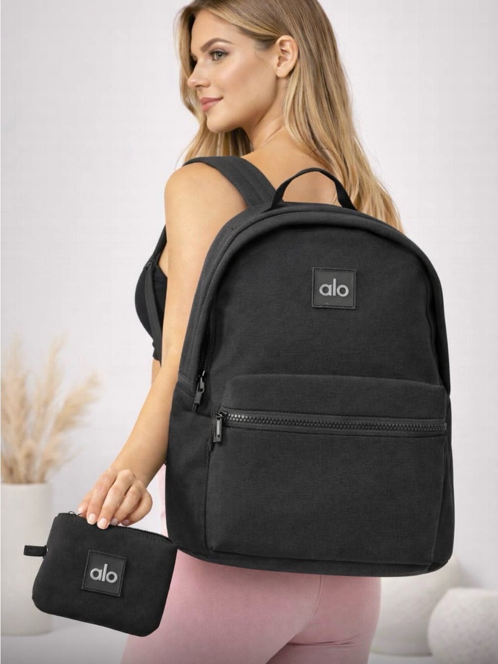 ALO Yoga Black Canvas Backpack with Matching Pouch